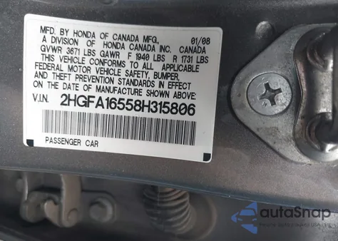 2008 Honda Civic Lx z USA, uszkodzony, nr VIN 2HGFA16558H315806